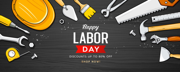 快乐劳动节销售，施工工具，黑木背景设计图片下载