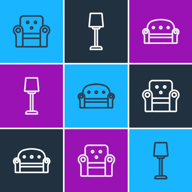 设置线条扶手椅、沙发和台灯图标图片下载