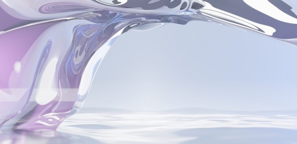 抽象几何色散玻璃在水面上扭曲形状。全息透明带状曲线波浪形式，焦散效果，彩虹色物体飞行在海景，3d渲染图片下载