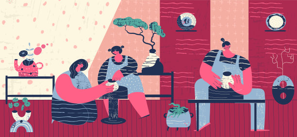 陶艺作坊，陶瓷，花瓶，花盆，室内装饰，人物，陶轮，餐具，插画，儿童爱好图片下载