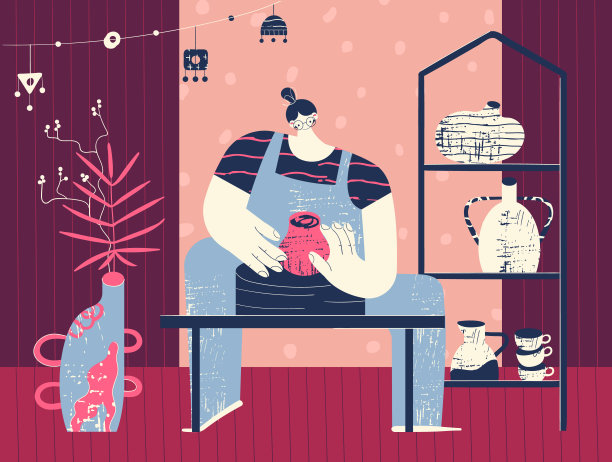 陶艺作坊，陶瓷，花瓶，花盆，室内装饰，人物，陶轮，餐具，插画，儿童爱好图片下载