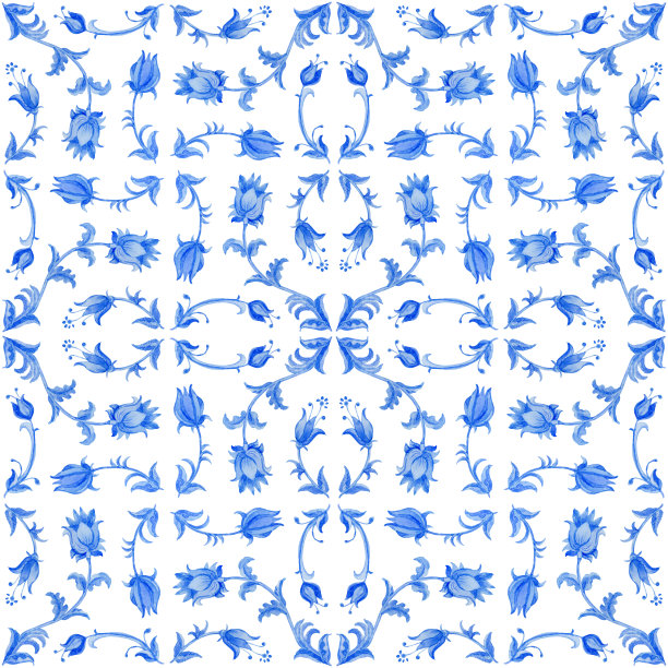 水彩蓝色花卉无缝模式上的白色背景。带有巴洛克画卷、花朵、树叶和树枝的瓷砖图片下载