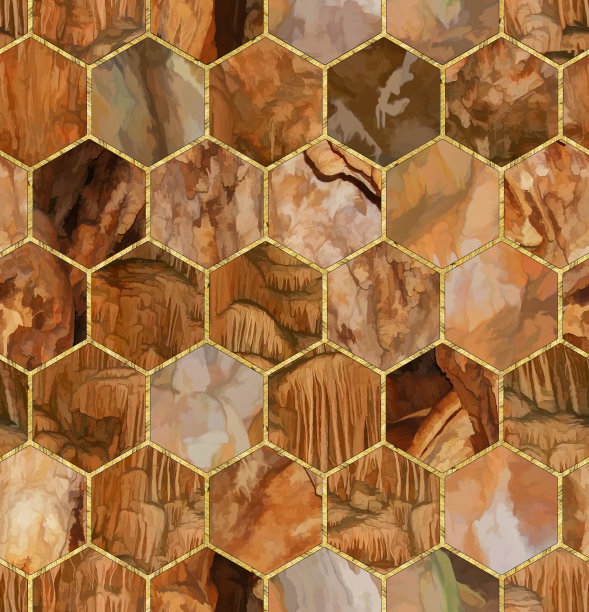 六边形无缝纹理。镶嵌,镶嵌。彩色玻璃风格的插图。装饰艺术风格。无缝混沌六边形图案。用于墙纸、纺织品印花、瓷砖。大理石纹理。金色的六边形图片下载