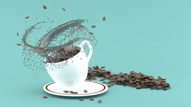 白色咖啡杯与绿色背景飞溅，咖啡杯3d渲染图片下载
