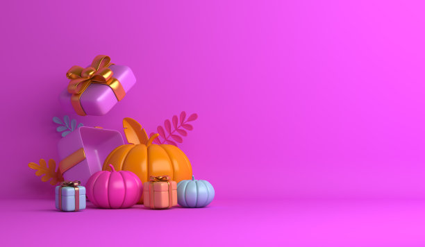 快乐的万圣节与卡通南瓜，礼品盒紫色背景，复制空间文本，3D渲染插图。图片下载