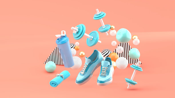 哑铃，跑鞋，蓝色毛巾在粉红色背景的彩色球中。3 d渲染。“n图片下载