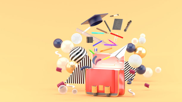 学校用品从书包里飘出来，在橙色背景上五颜六色的球中间。3 d渲染。“n图片下载