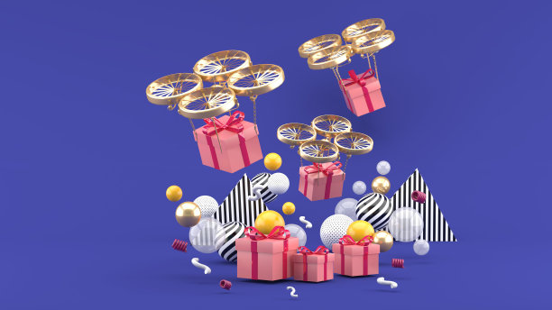 无人机在紫色背景的彩色球中送出了一个礼品盒。3 d渲染。“n图片下载