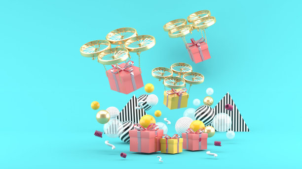 无人机在蓝色背景的彩色球中送出了一个礼品盒。3 d渲染。“n图片下载