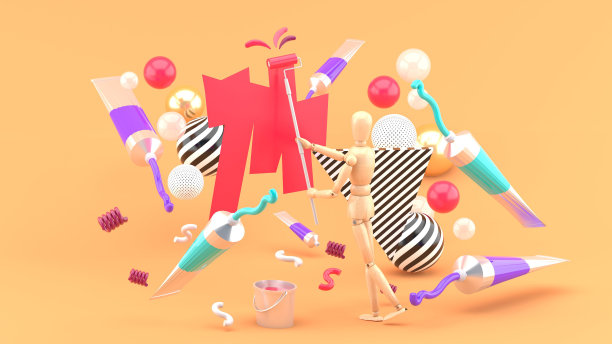 在橘色背景上的彩色管和彩色球之间的木偶绘画。3 d渲染。图片下载