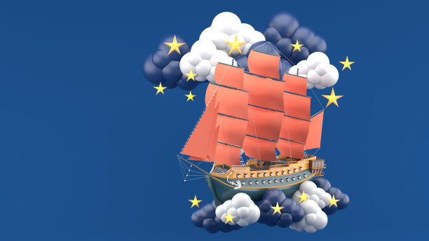 蓝色的船，橙色的帆，漂浮在云端，蓝色的背景上有星星。3 d渲染。“n图片下载