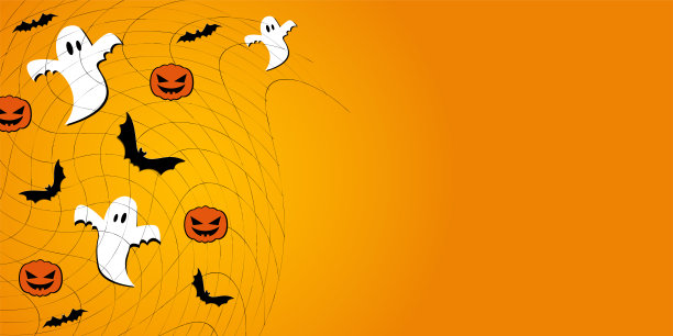 向量。万圣节背景与蝙蝠，南瓜，星星，蜘蛛网，节日装饰。万圣节派对邀请卡模拟。万圣节快乐横幅设计。平铺，俯视图，复制空间。图片下载
