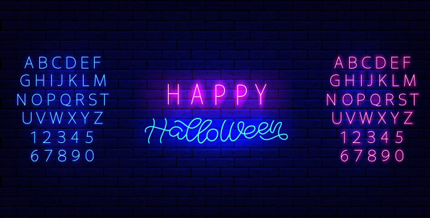 万圣节快乐题词和两个霓虹灯字母。可怕的卡片。假日旗帜。分离矢量图例图片下载