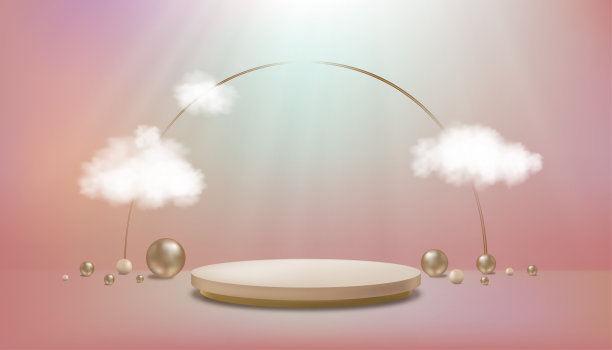 工作室与圆柱形讲台，珠球在彩色地板，画廊房间与云和运动光的墙壁背景。矢量插图3D最小的风景呈现在甜美的背景图片下载