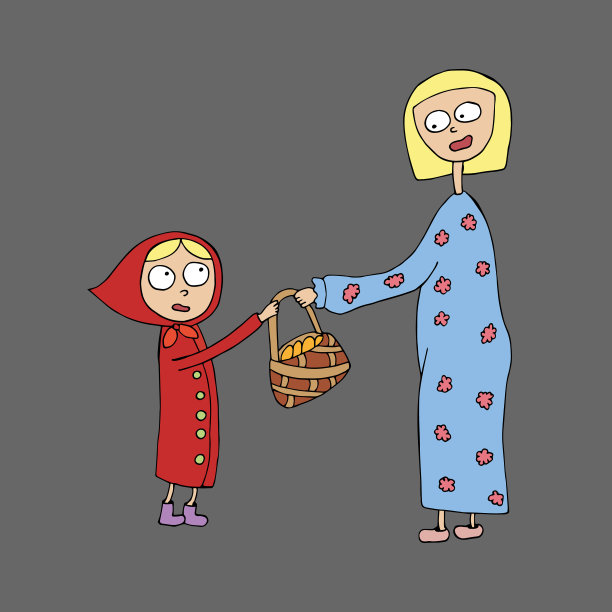 儿童读物插图。小红帽和灰狼。向量。以涂鸦风格手绘的。卡通风格的有趣角色图片下载