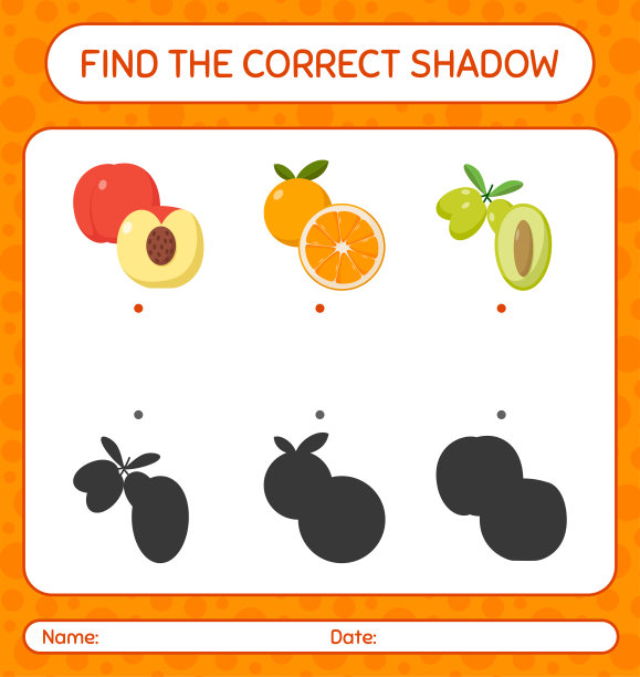用水果找到正确的阴影游戏。学龄前儿童的工作表，儿童活动表图片下载