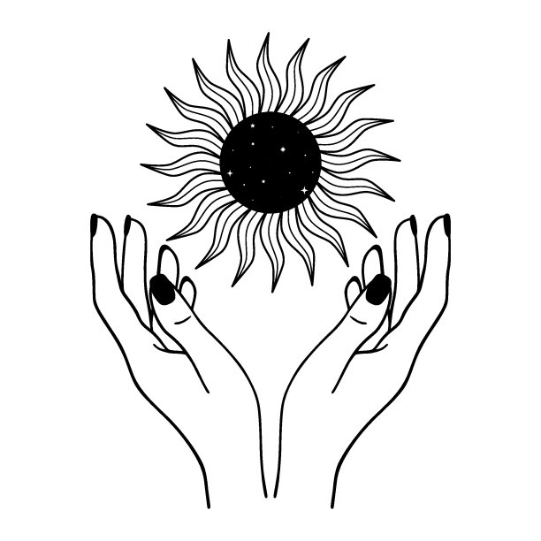 手绘神秘的太阳与女人的手在线艺术。精神象征天国。魔法护身符，古董风格，波西米亚风格，纹身，标志。矢量插图孤立的白色背景。图片下载