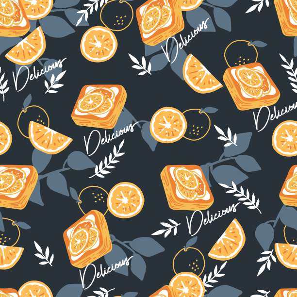 甜烤柑橘糕点花矢量图形无缝模式图片下载
