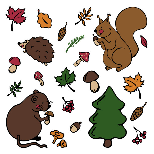 秋天与动物和不同的物品。图片下载