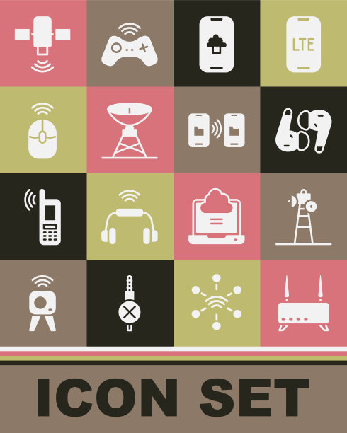 设置路由器和wi-fi信号，卫星天线，空气耳机，云技术数据，无线电脑鼠标，数据传输存储图标。向量图片下载