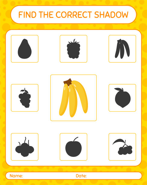 用香蕉找到正确的阴影游戏。学龄前儿童的工作表，儿童活动表图片下载