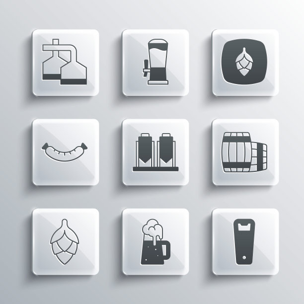 设置木制啤酒杯，开瓶器，桶，啤酒酿造过程，啤酒花，香肠，和图标。向量图片下载