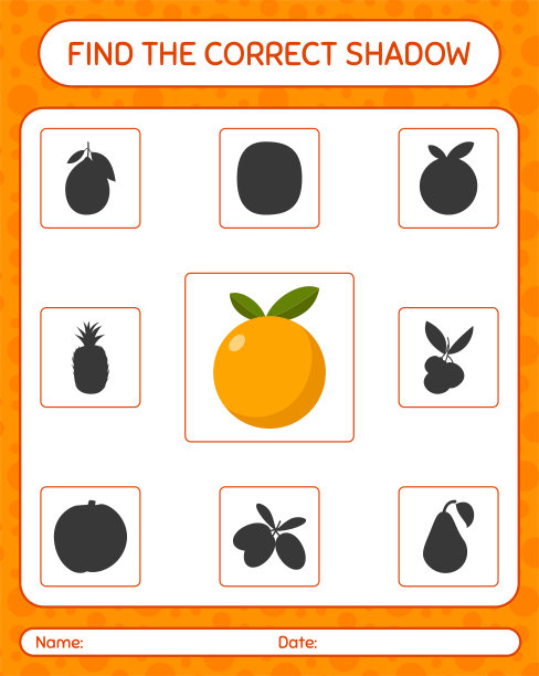 找到正确的橙色阴影游戏。学龄前儿童的工作表，儿童活动表图片下载