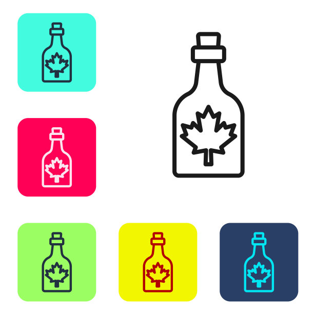 黑色线瓶枫糖浆图标孤立在白色的背景。在彩色方形按钮中设置图标。向量图片下载