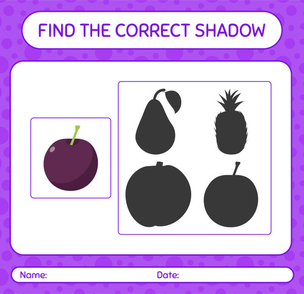 找到正确的阴影游戏与李子。学龄前儿童的工作表，儿童活动表图片下载