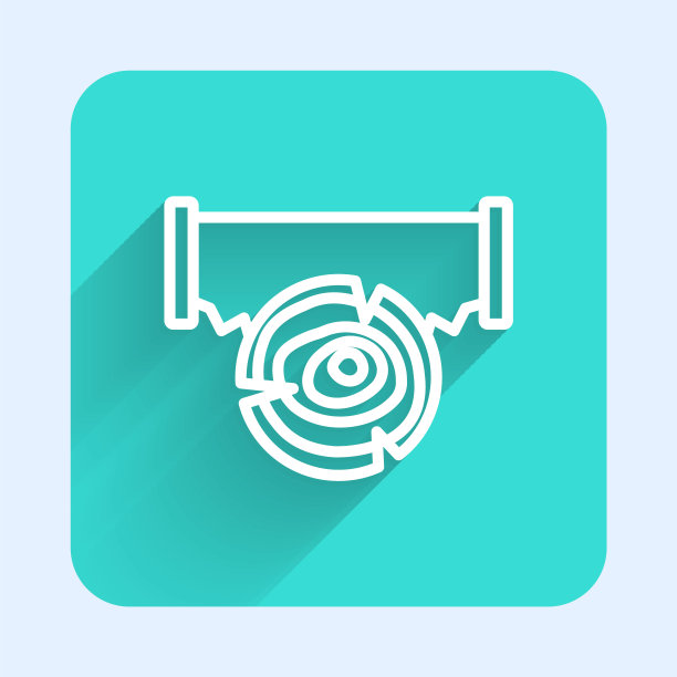 白线双手锯和原木图标与长阴影背景隔离。绿色广场按钮。向量图片下载