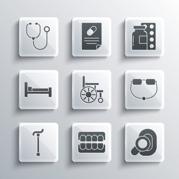 固定假颌，助听器，眼镜，轮椅，拐杖，床，听诊器和药泡包图标。向量图片下载