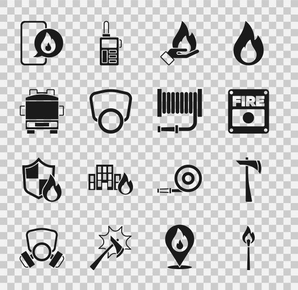 设置燃烧火柴与火，消防斧，报警系统，手，防毒面具，卡车，电话紧急呼叫911和软管卷轴图标。向量图片下载