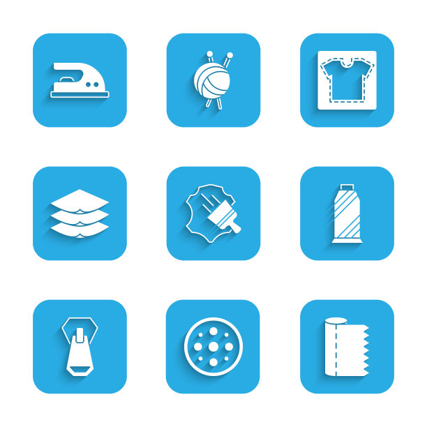 采购产品集皮革，缝纫按钮，纺织织物卷，线轴，拉链，层服装纺织，图案和电熨斗图标。向量图片下载