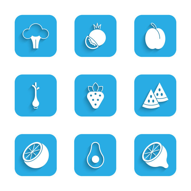 设置草莓，牛油果，柠檬，西瓜，橙子，新鲜的大葱，李子和西兰花图标。向量图片下载