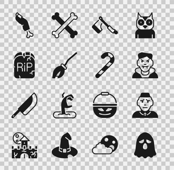 设置幽灵，牧师，吸血鬼，木斧，女巫扫帚，墓碑与RIP写，僵尸手指和圣诞糖果拐杖图标。向量图片下载