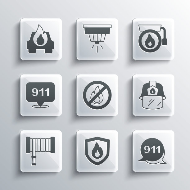 设置防火防护罩、紧急呼叫911、消防头盔、无火灾、水龙带、燃烧的汽车、响铃图标。向量图片下载