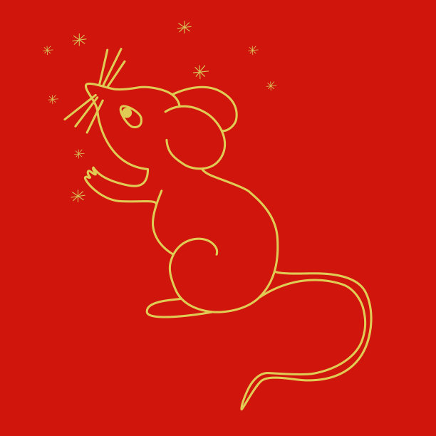 红色背景上的鼠标剪影。动物的金色轮廓。2020年的象征是老鼠。中国新年。图片下载
