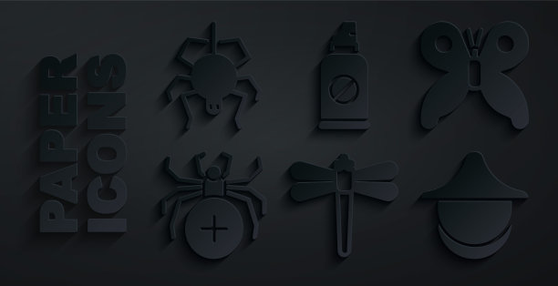 设置蜻蜓，蝴蝶，蜘蛛，养蜂人帽子，喷洒昆虫和图标。向量图片下载