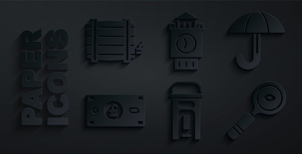 设置伦敦电话亭，雨伞，英镑，放大镜，大本钟塔和木桶图标。向量图片下载