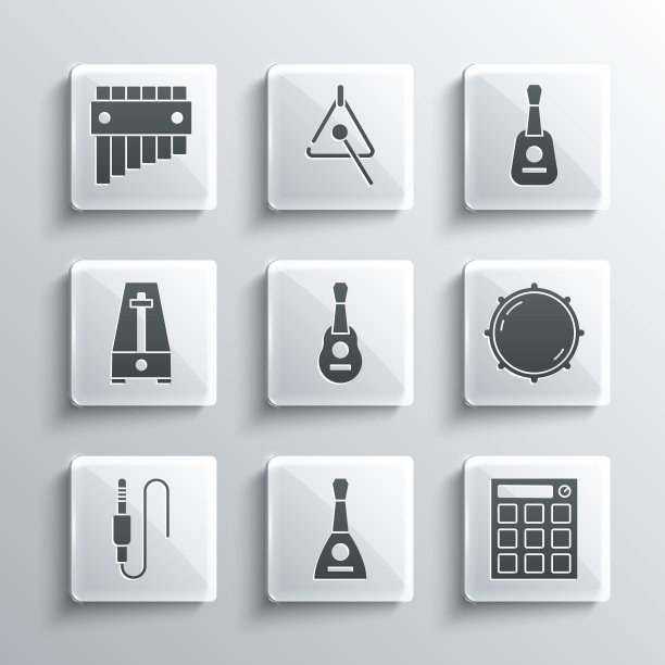 集三弦琴，鼓机，刻度旋钮水平，吉他，音频插孔，节拍器与钟摆，排箫和图标。向量图片下载