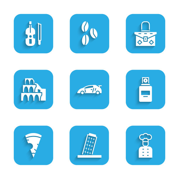 集运动赛车，比萨塔，意大利厨师，香水，披萨片，罗马竞技场，手提包和小提琴图标。向量图片下载