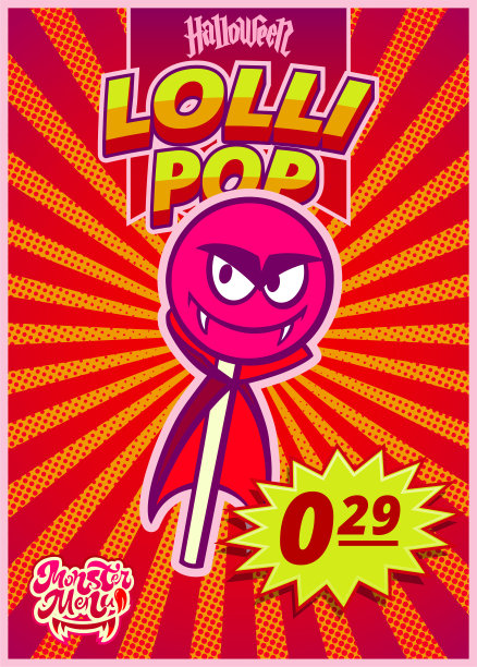 拿着棒棒糖的菜单怪兽。一家快餐店在万圣节的价格标签垂直横幅。矢量插图。图片下载
