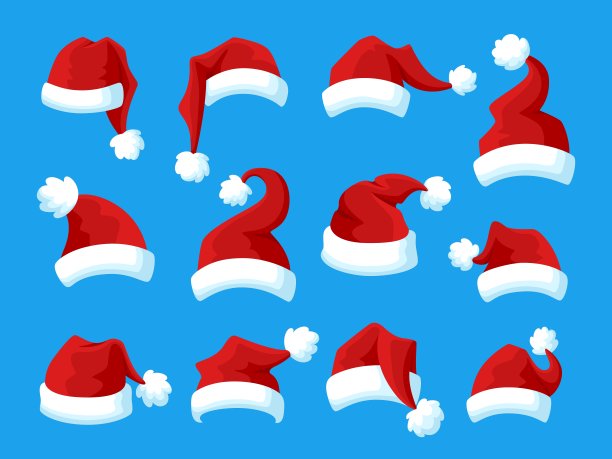 卡通红色的圣诞老人帽子。圣诞老人帽，孤立的圣诞头配件。冬季假日派对帽，有趣的照片面具艳丽的向量集图片下载