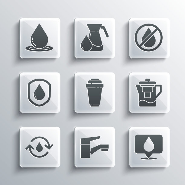 设置水龙头，下落与位置，水壶过滤器，墨盒，回收干净的水，防水，禁止图标。向量图片下载