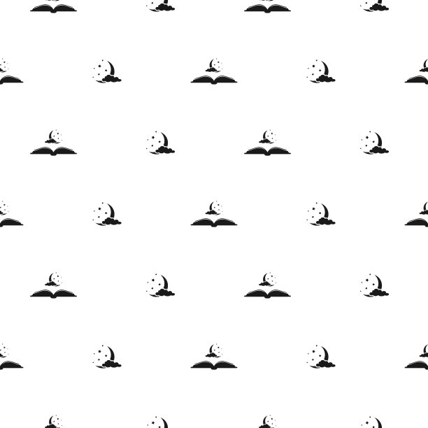 童话般的就寝无缝模式。黑色装饰以书、半月、星星和云彩。图片下载