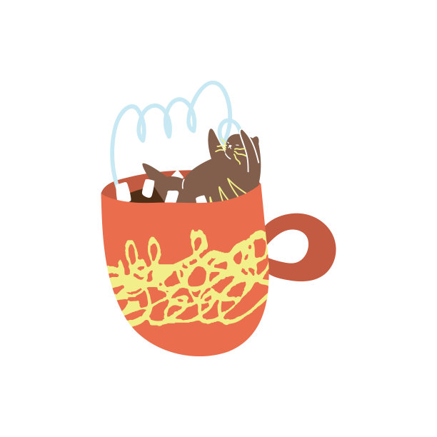 手绘的杯子上有一只猫。图片下载