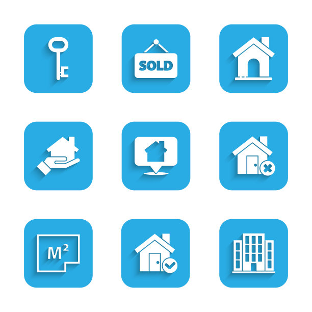 设置位置与房子，房子检查标记，错误，计划，房地产经纪人，和关键图标。向量图片下载