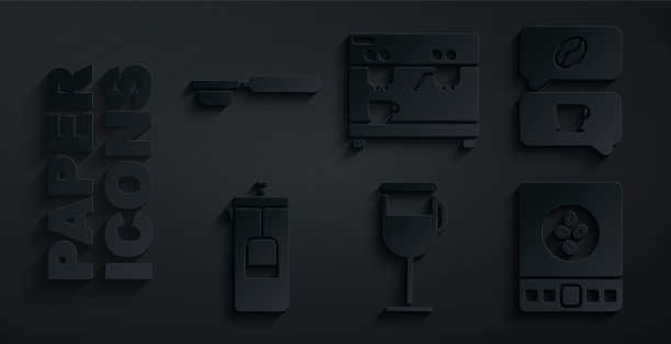 设置爱尔兰咖啡，咖啡和对话，法国压机，电子秤，机器和过滤器持有人图标。向量图片下载