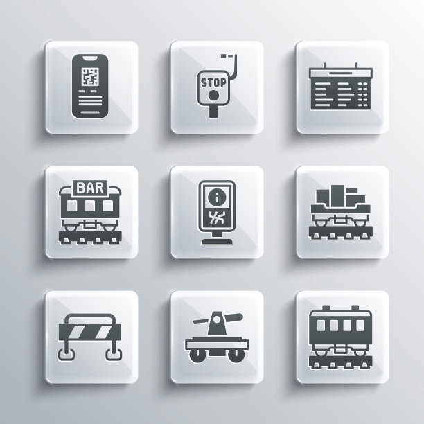 设置水车或手车，客运列车车厢，货物货车，信息站，道路屏障，餐厅，电子票和火车站板图标。向量图片下载