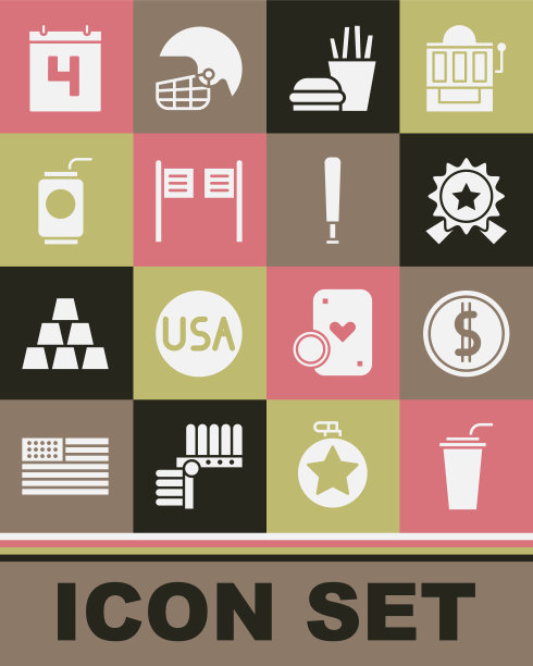 Set Paper glass with straw, Coin money dollar, Medal star, Burger and french fries, Saloon door, Soda can, Calendar date July 4 and Baseball bat icon. Set Paper glass with straw, Coin money dollar, Medal star, Burger and french fries, Saloon door, Soda can, Calendar date July 4 and Baseball bat icon。向量图片下载